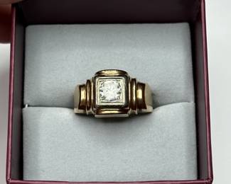 J7 - $425. Size 10. Mens 14kt gold ring with diamond. (Diamond has somehow been scratched on the top the whole way around)