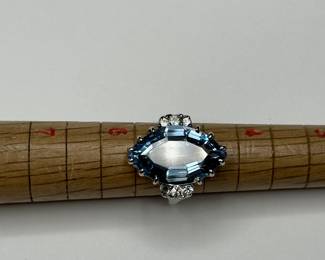 J3 - $500. Size 5.5. 14kt gold. (Aquamarine or Blue Topaz Stone.) Missing one small diamond.
