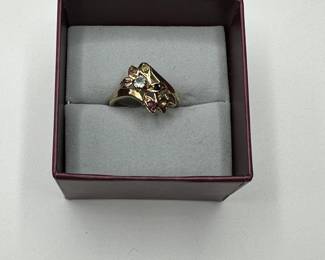 J6 - $300. Size 8.5. 14 kt gold ring with small gemstones (missing 1)