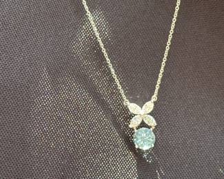 J33 - $3500. Tiffany & Co. "Victoria" Pendant with Aquamarine. Platinum Necklace & Setting. Diamonds Over Aquamarine. Stamped "Tiffany & Co PT950". Chain is 16.5" long.