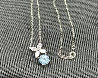 J33 - $3500. Tiffany & Co. "Victoria" Pendant with Aquamarine. Platinum Necklace & Setting. Diamonds Over Aquamarine. Stamped "Tiffany & Co PT950". Chain is 16.5" long.