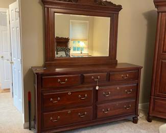 W71 - $300. Newport Cabinet - Solid Wood Furniture. Dresser with Mirror. Measures 68" wide x 19" deep x 39.25" tall. Mirror adds 43" in height.