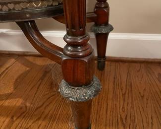 W58 - $225. Four Corner Imports "Crotch Veneer Side Table" from Whitley Furniture Galleries. Measures 27" wide x 16" deep x 30" tall. Gently used in formal living area! Wood with Metal Accents. Single Drawer.