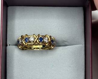 J32 -$5,500. "Tiffany & Co. 750 Schlumberger" Stamped. Sixteen Stone Ring with Diamonds and Sapphires. Size 7.5/8. Jean Schlumberger designed. Still on Tiffanys website!