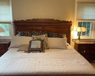 W72 - $500. Newport Cabinet King Bedframe. Measures 85" x 64" tall. Footboard & side rails show the most wear. (Mattress does have a stain but included if you want it)