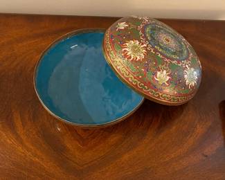 W148 - $30. Copper Cloisonne Lidded Bowl. Measures 7.5" across.