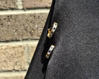 J36 - $1,750. Tiffany & Co. 750. 18kt gold, Diamond & Sapphire Huggie earrings with Omega back. When on has a .75" drop. In excellent condition!