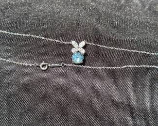 J33 - $3500. Tiffany & Co. "Victoria" Pendant with Aquamarine. Platinum Necklace & Setting. Diamonds Over Aquamarine. Stamped "Tiffany & Co PT950". Chain is 16.5" long.