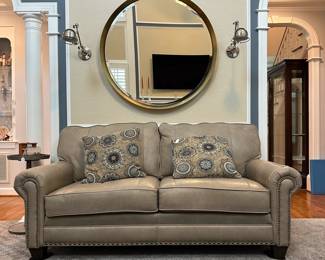 W38 - $1500. Smith Brothers Leather Loveseat. Measures 75" wide x 38" deep x 36" tall. Back cushions are fixed. Bottom cushions come off for moving/cleaning. Very good used condition! No rips / tears / holes etc. Nice high quality leather!