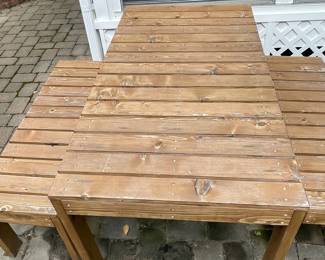 W123 - $100. Outdoor Table and Benches. Table measures 59" wide x 32" deep x 30" tall. Benches measure 47.5" wide x 16" deep x 18" tall
