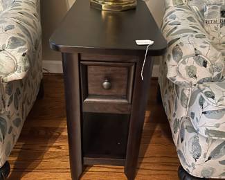 W62 - $95. Single Slim Side Table. Measures 13" wide x 26" deep x 24.5" tall. Very solid table with single drawer.