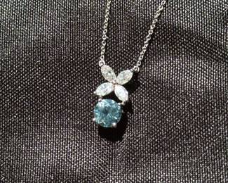 J33 - $3500. Tiffany & Co. "Victoria" Pendant with Aquamarine. Platinum Necklace & Setting. Diamonds Over Aquamarine. Stamped "Tiffany & Co PT950". Chain is 16.5" long.