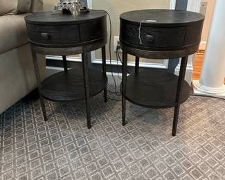 W37 - $225 PAIR. Bassett End Tables with metal frame and Wood Top & Shelf. A few very minor imperfections.