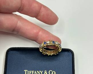 J32 -$5,500. "Tiffany & Co. 750 Schlumberger" Stamped. Sixteen Stone Ring with Diamonds and Sapphires. Size 7.5/8. Jean Schlumberger designed. Still on Tiffanys website!