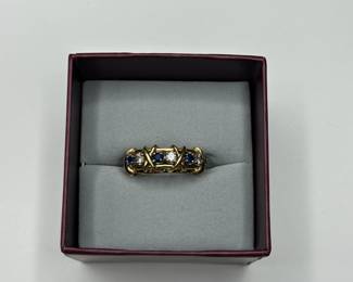 J32 -$5,500. "Tiffany & Co. 750 Schlumberger" Stamped. Sixteen Stone Ring with Diamonds and Sapphires. Size 7.5/8. Jean Schlumberger designed. Still on Tiffanys website!
