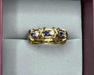 J32 -$5,500. "Tiffany & Co. 750 Schlumberger" Stamped. Sixteen Stone Ring with Diamonds and Sapphires. Size 7.5/8. Jean Schlumberger designed. Still on Tiffanys website!