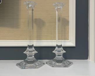 W44 - $20 PAIR. Val St. Lambert Crystal Candlesticks. 1 had minor chip on the base. Measures 11" tall.