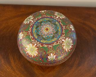 W148 - $30. Copper Cloisonne Lidded Bowl. Measures 7.5" across.