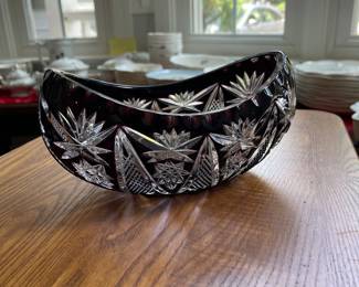 W129 - $30. Cranberry cut to clear crystal bowl. Measures 9" x 5" x 4" tall.
