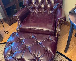 LACKAWANNA leather set, 2 chairs and one ottoman. Vintage burgundy leather in near perfect condition. 