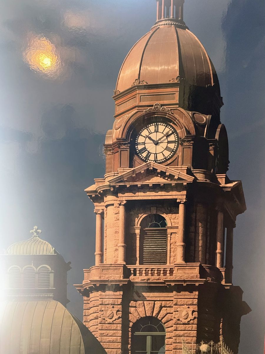 Large original photograph of downtown Fort Worth clock tower.