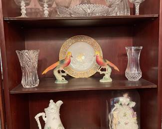 Porcelain Parrots signed, Dresden Lace Dress Figurine with Afghan dog