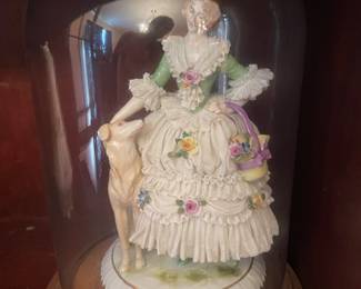 Antique German Porcelain Dresden Lace Lady with Flowers and dog