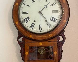 19thC Antique Victorian Marquetry Inlay New Haven Wall Clock works!