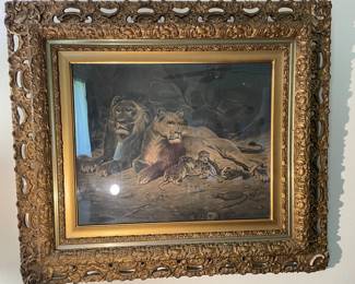 Originally exhibited in 1882 in London, The Lion at Home framed print by French artist Rosa Bonheur. Gorgeous ornately carved frame