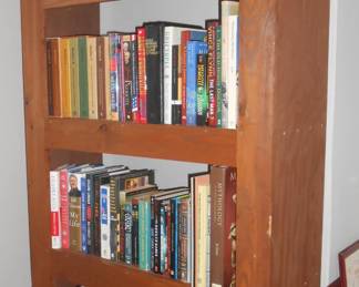 Misc books, wooden bookshelves