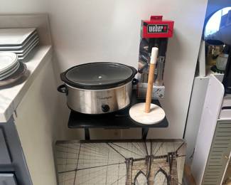 Crockpot, Paper Towel holder and brand new weber bbq tools, plus Brooklyn bridge canvas