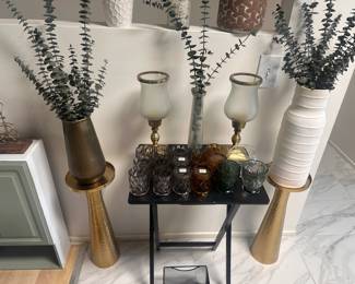 CB2 glass holders, fold out table, gold plant stands (pair), vases with plants