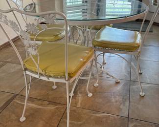 WHITE WROUGHT IRON TABLE AND CHAIRS