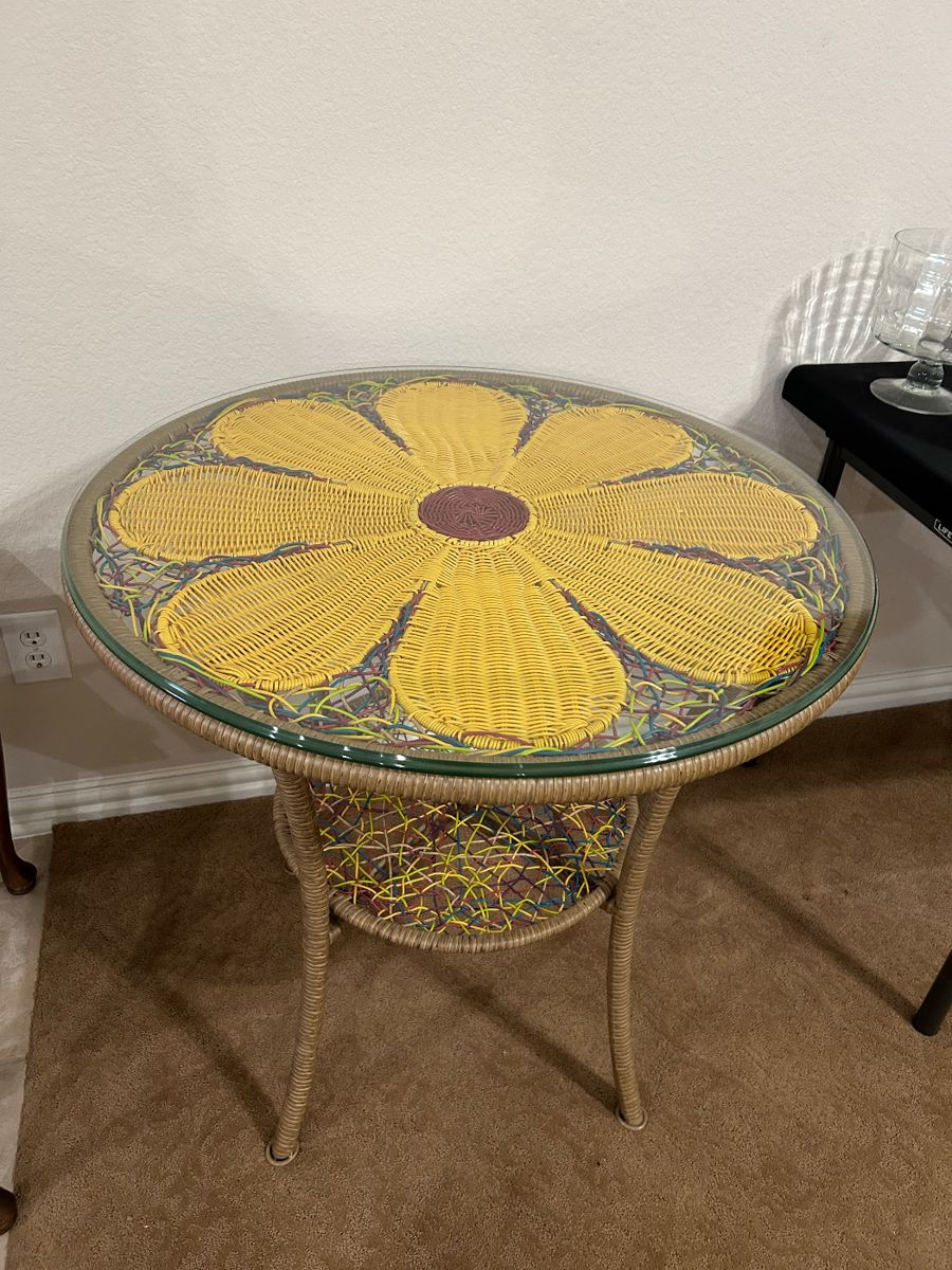 Whimsical wicker & glass floral accent table
