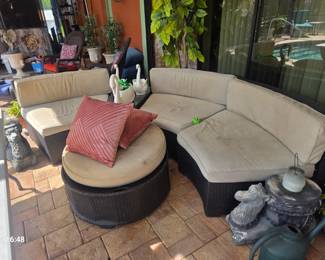 Outside sectional,some swan planters,2 Elephant plant holders,and 2 elephant plant holders...