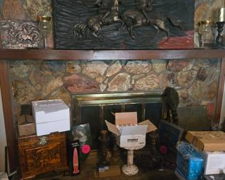 2 knights shield decorations,candles,small checkerboard looking table, etc
