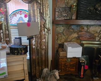 Christmas deer,rocking horse,original skin and sidewalk drums from Africa,wooden chest etc