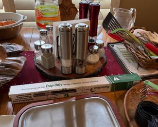salt pepper shakers, wooden lazy susan, misc