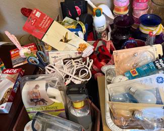 misc items (light bulb, pet supplies, extension chords, vases)