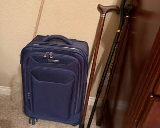 suitcase, canes, walking stick