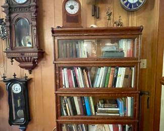 Barrister bookcase, books, clocks…