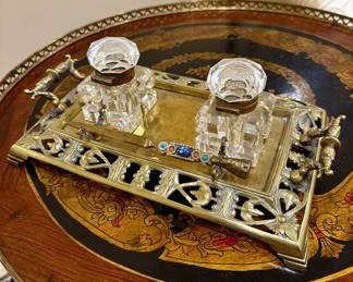 Antique English Brass Double Ink Stand, circa 1880