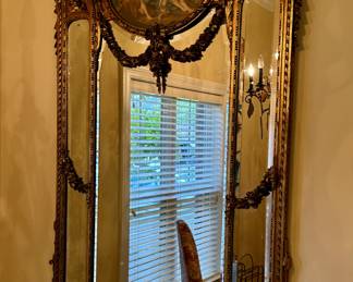 Circa 1840 French Neoclassical Giltwood Console Mirror With Oval Artwork
