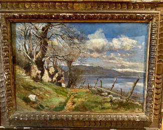 This is a landscape painting by Norwegian artist Hans Gude (1825–1903). The painting is titled "Fra Sandviken, near Christiania