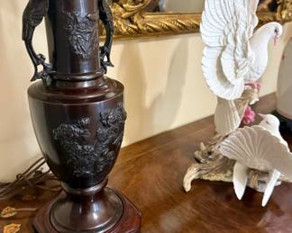 Pair of 19th C bronze pheasant urns converted to lamps