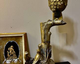 Large 21" High Brass Sculpture Depicting an Owl and 2 Small Birds on Branches of a Tree Stump…HOLLYWOOD REGENCY