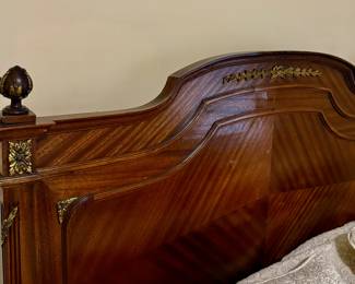 A fine 19th c French Louis XVI kingwood and rosewood parcel gilt carved Queen bed with headboard and footboard