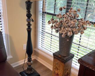 One of two elegant floor lamps & floral motif plant pedestal