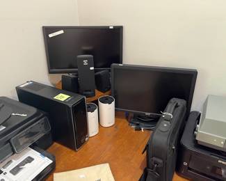 DELL TOWER, COMPUTER SPEAKERS, MONITORS