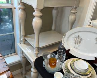 PAIR OF NARROW CHAIR-SIDE TABLES w/ DRINK PULLOUT!